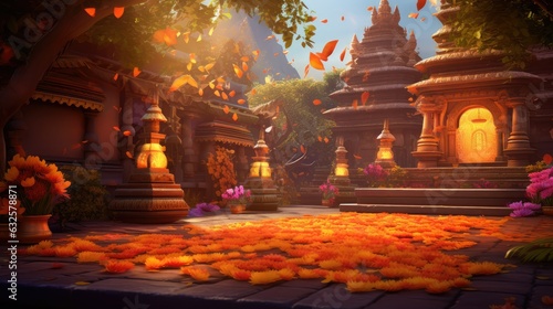 serene view of a temple adorned with Diwali decorations 