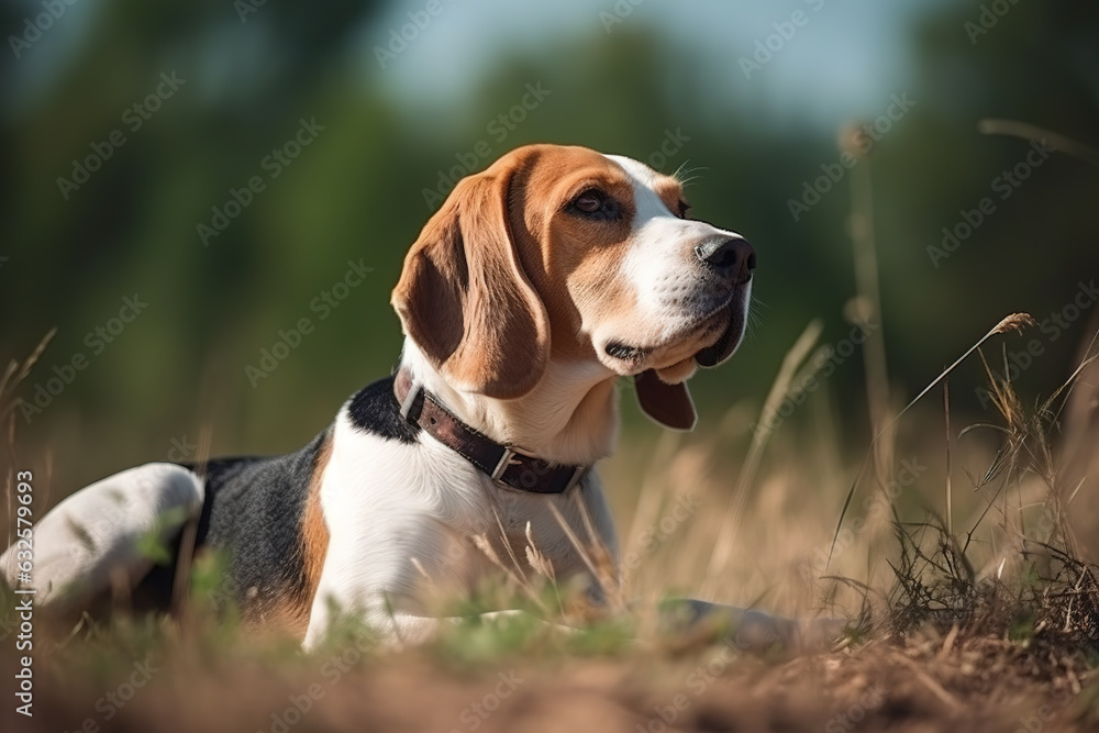 Image of beagle dog resting on green pasture grass on summer. Pet. Animals. Illustration. Generative AI. Image of beagle dog resting on green pasture grass on summer. Pet. Animals. Illustration. Generative AI.