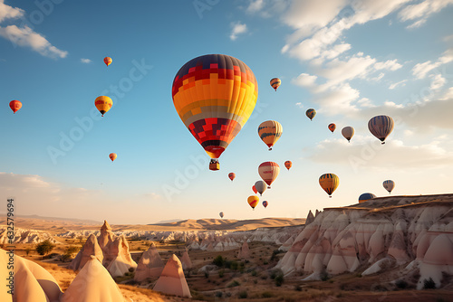 Colorful hot air balloons flying over rock landscape.