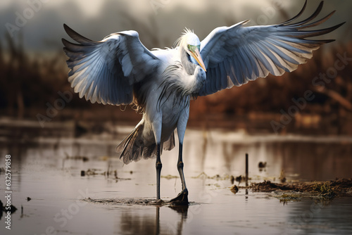 Image of a beautiful great white egret spreading its wings to fly. Bird. Illustration, Generative AI.