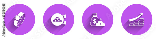 Set Gold ring, Jewelry store, Bag of gold bars and Growth arrow with icon with long shadow. Vector