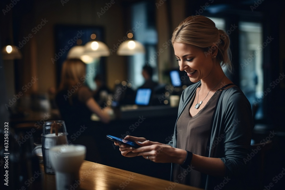 Woman texting a friend from a bar, in happy mood, after work 
