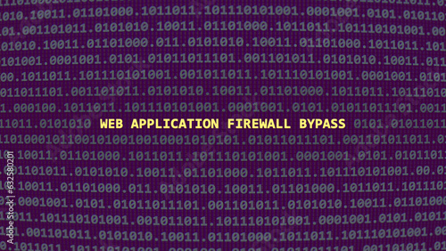 Cyber attack web application firewall bypass. Vulnerability text in binary system ascii art style, code on editor screen. Text in English, English text