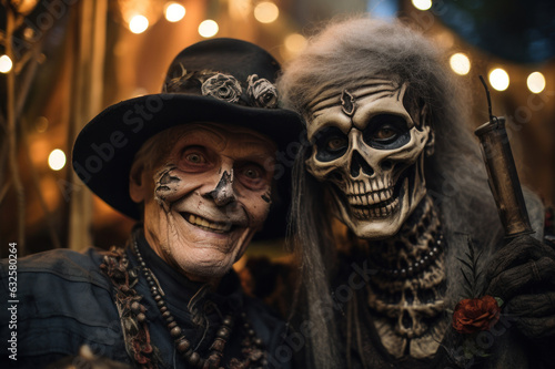 Biracial Senior couple dressed up in Halloween costume. A man and woman went to a Halloween party in spooky creations and make up. Dia de Muertos. Celebration of Mexico's Day of the Dead. Generated Ai