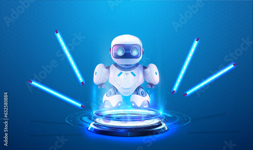 AI technology poster with cute robot character. Robot chatbot, AI in science, business. Projection, a hologram of a modern robot on a podium or pedestal, with neon light. Isolated vector illustration.
