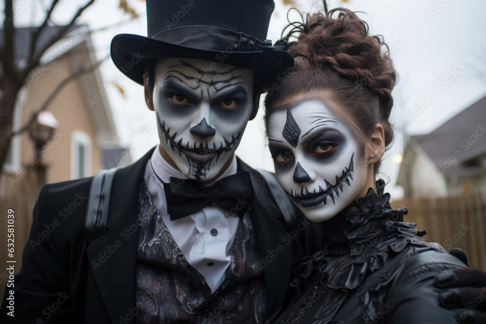 Students dressed up in costume. Girl and boy in Halloween makeup. Street portrait of Halloween parade participants. Dia de Muertos. Celebration of Mexico's Day of the Dead. Generated Ai