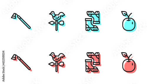 Set line Waterproof rubber boot, Garden hoe, Rooster weather vane and Apple icon. Vector