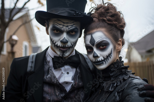 Students dressed up in costume. Girl and boy in Halloween makeup. Street portrait of Halloween parade participants. Dia de Muertos. Celebration of Mexico's Day of the Dead. Generated Ai