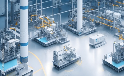Industry 4.0 smart factory interior showcases advanced automation, machinery, and robotics in a futuristic industrial setting. Innovation, engineering, and interconnected systems