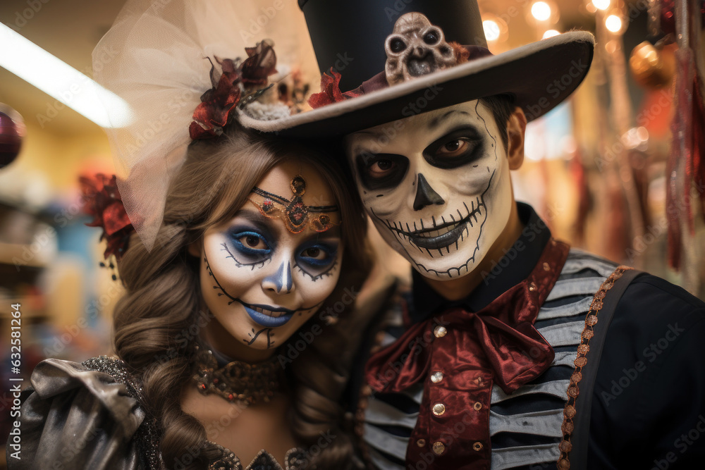 Biracial Students dressed up in costume. Girl and boy in Halloween makeup. Street portrait of Halloween parade participants. Dia de Muertos. Celebration of Mexico's Day of the Dead. Generated Ai Biracial Students dressed up in costume. Girl and boy in Halloween makeup. Street portrait of Halloween parade participants. Dia de Muertos. Celebration of Mexico's Day of the Dead. Generated Ai