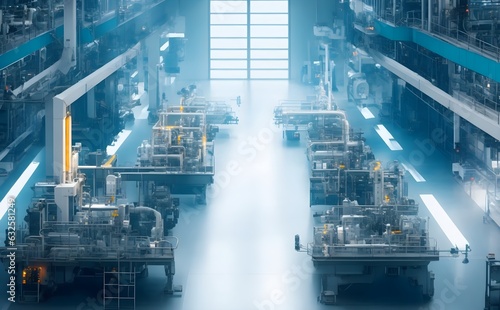 Industry 4.0 smart factory interior showcases advanced automation, machinery, and robotics in a futuristic industrial setting. Innovation, engineering, and interconnected systems