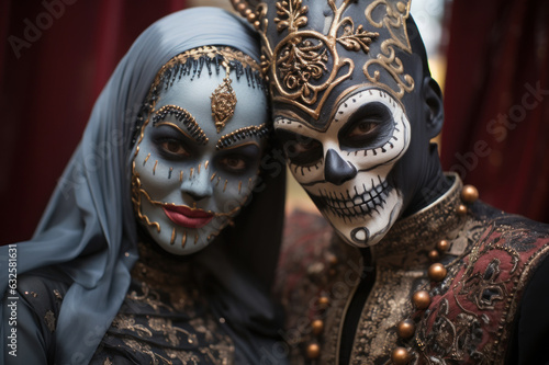 Middle-aged couple dressed up in Halloween costume. A man and woman went to a Halloween party in spooky creations and make up. Celebration of Mexico's Day of the Dead. Generated Ai