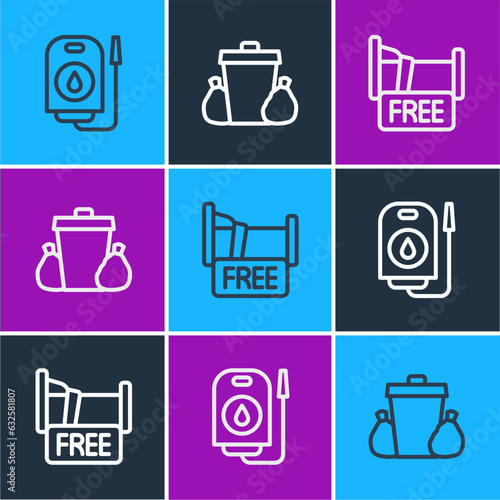 Set line Blood donation, Free overnight stay house and Trash can icon. Vector