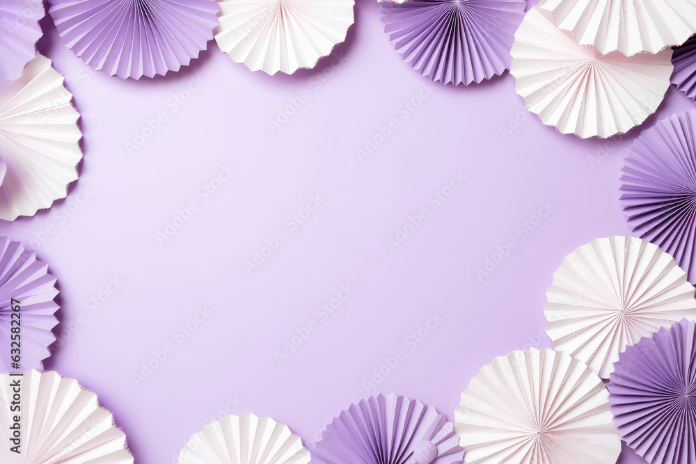Frame Of Paper Fans On Pale Purple Color Background, Empty Space. Generative AI