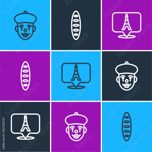 Set line French mime, Eiffel tower and baguette bread icon. Vector