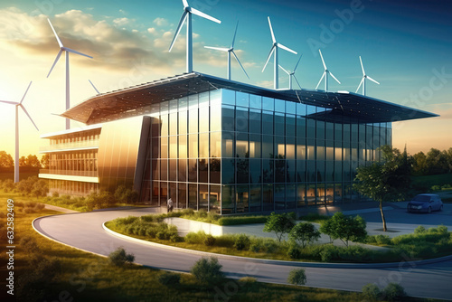 Ecofriendly Corporate Building Featuring Solar Panels And Wind Turbines For Renewable Energy Generation. Generative AI