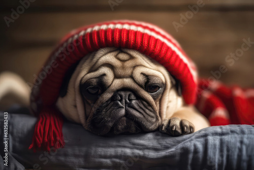 Dog Wearing Striped Scarf And Hat, Curled Up Cold At Home. Generative AI photo