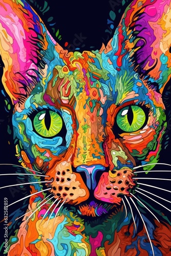 Cornish Rex Siamese cat psychedelic look. Generative AI