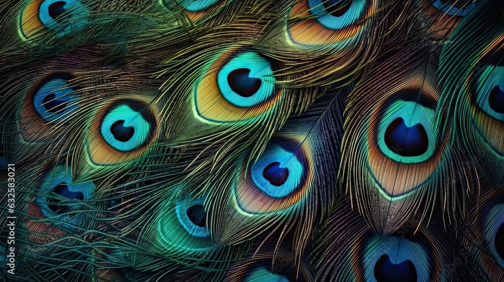 Fototapeta premium close-up view of a peacock feather texture background, highlighting the vibrant colors and intricate patterns