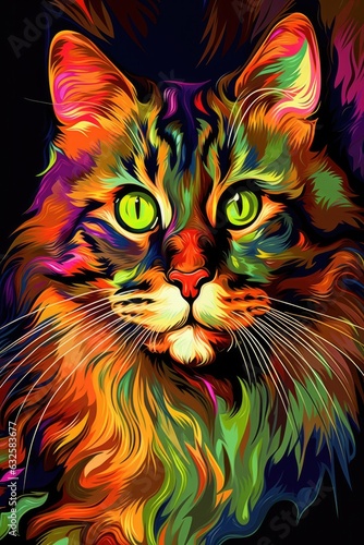 Kurilian Bobtail cat psychedelic look. Generative AI © Razvan
