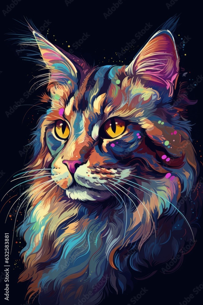 Maine Coon Siamese cat psychedelic look. Generative AI