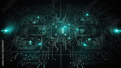 futuristic motherboard background with neon lines and copy space