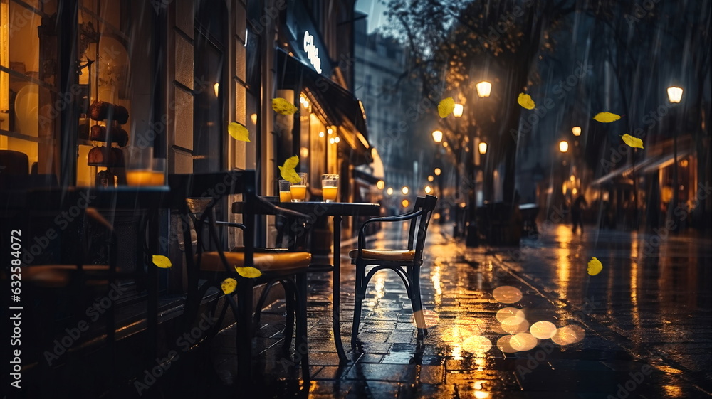 Autumn evening rainy city street and yellow leaves,cold season,night city blurred light on wet asphalt