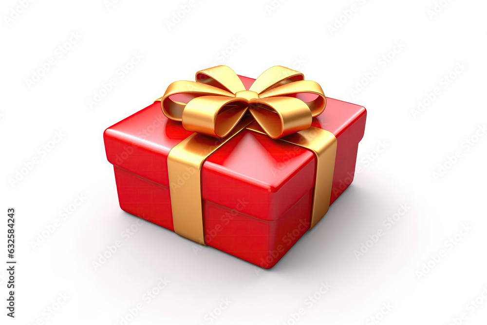 Red Gift Box With Gold Ribbon On White Background, 3D. Generative AI Red Gift Box With Gold Ribbon On White Background, 3D. Generative AI