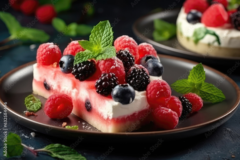 Watermelon Pizza With White Cream On Plate. Generative AI Watermelon Pizza With White Cream On Plate. Generative AI