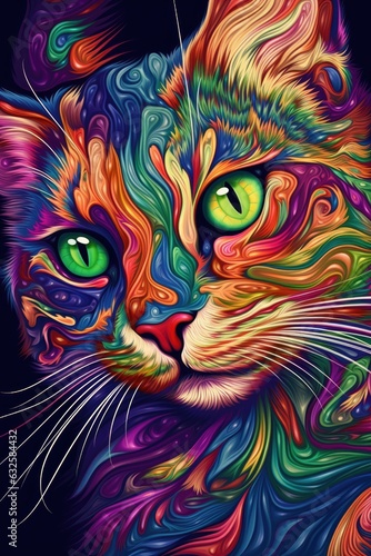Pixie bob cat psychedelic look. Generative AI