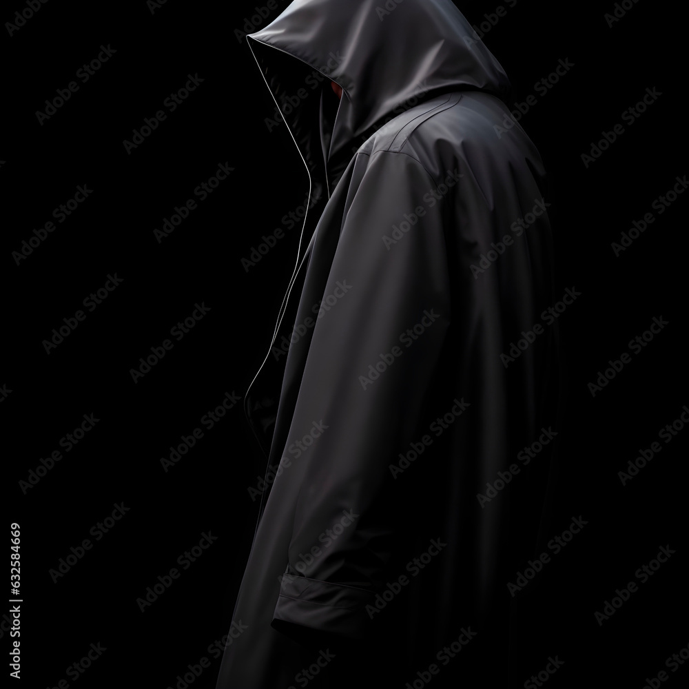 Illustration, on a dark black background, a lone spy in a hood and raincoat stands sideways, high detail, best angle