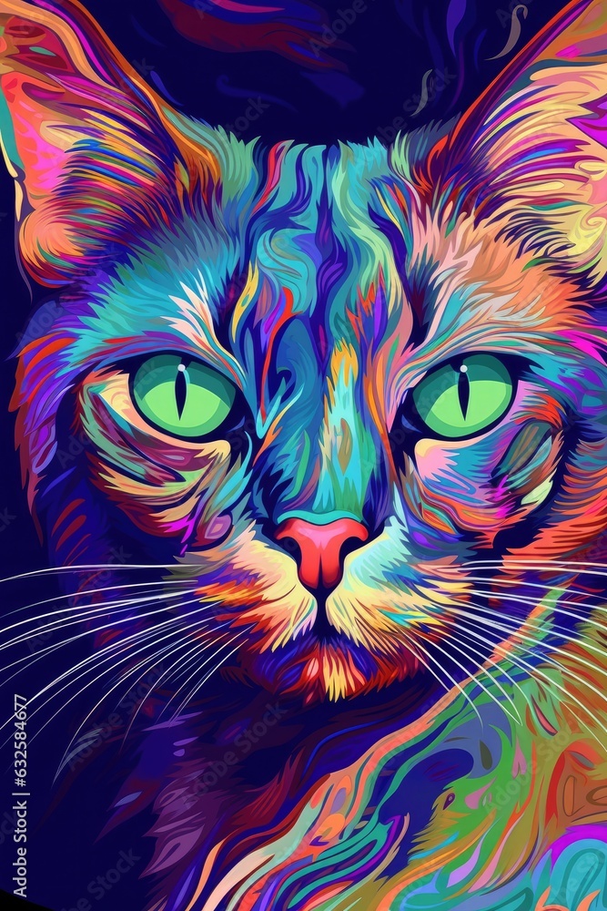 Savannah Siamese cat psychedelic look. Generative AI
