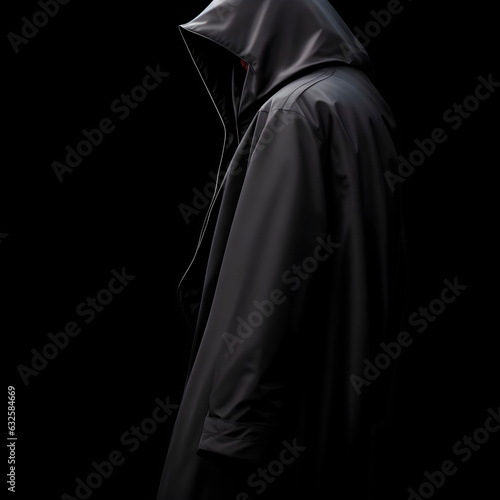Illustration, on a dark black background, a lone spy in a hood and raincoat stands sideways, high detail, best angle