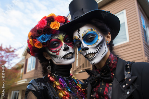 Lesbian couple dressed up Halloween costume. Girls in spooky Halloween makeup. Street portrait death parade participants. Dia de Muertos. Celebration of Mexico's Day of Dead. Generated Ai