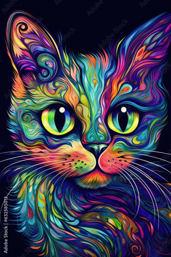 Snowshoe cat psychedelic look. Generative AI