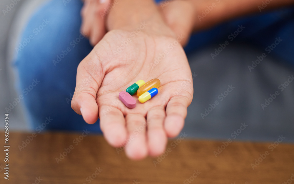 Pills in hand, closeup and medicine with health, vitamin supplements and medical prescription. Drugs, wellness and healthcare with tablet for virus, sick person with medication and pharmaceutical