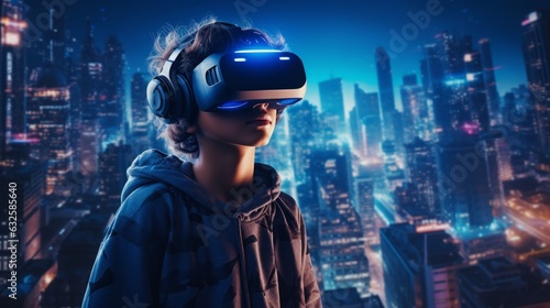 Close up of boy wearing VR headset user surreal wonderland. Cityscape and skyscrapers © Denis