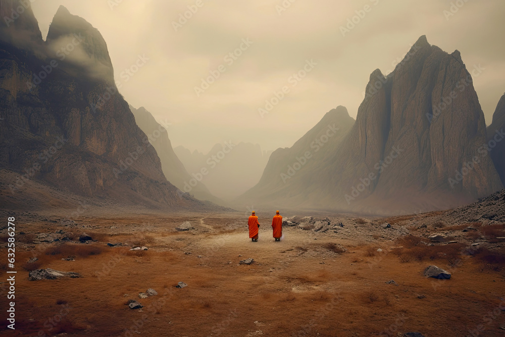 Mountain Meditations: A Glimpse into the World of Buddhist Monks - obrazy, fototapety, plakaty 