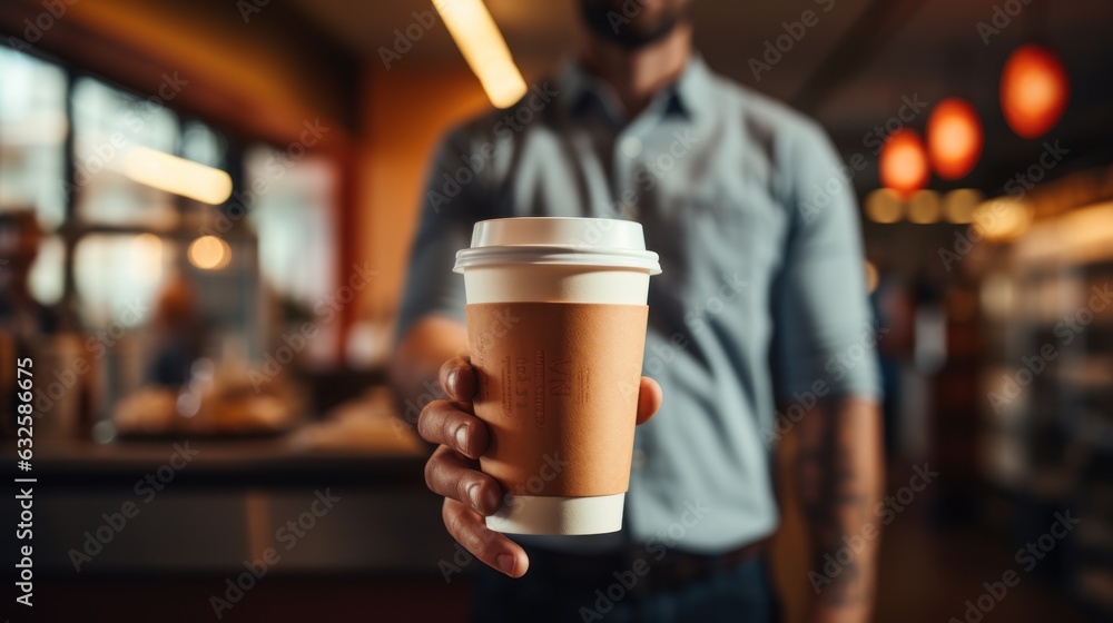 The barista hands you a cup of coffee. coffee to go or coffee break The barista hands you a cup of coffee. coffee to go or coffee break