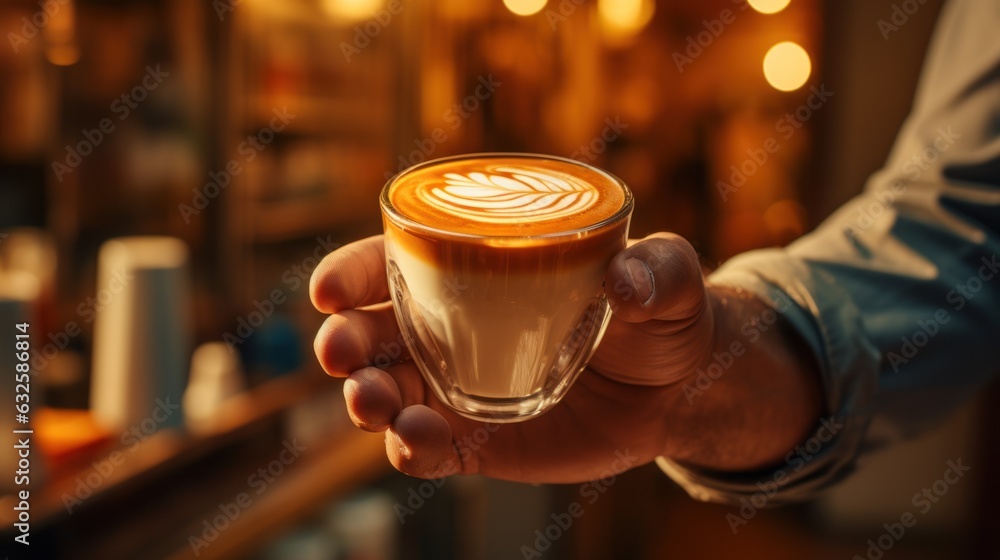 The barista hands you a cup of coffee. coffee to go or coffee break The barista hands you a cup of coffee. coffee to go or coffee break