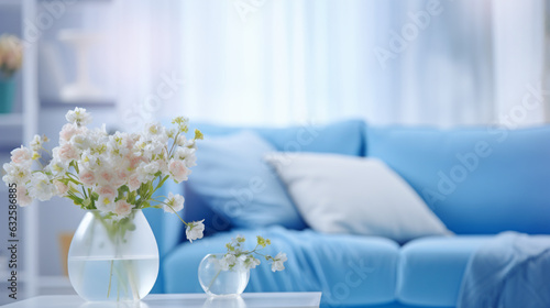 Modern Blue Living Room Design: Blurred, Bright Panorama with Sofa and Flowers