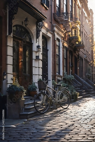 "Serenity in Sunlit Alley: Majestic Brownstones and Tranquil Ambiance"