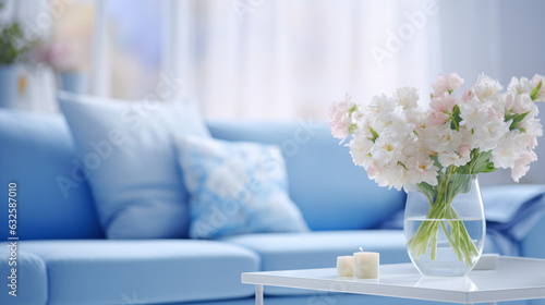 Modern Blue Living Room Design: Blurred, Bright Panorama with Sofa and Flowers