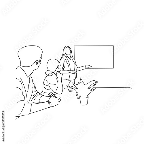 Vector business meeting discussion between workers in cafe round table cartoon Line art. Business training and presentation concept. continuous line drawing of office workers at business meetings