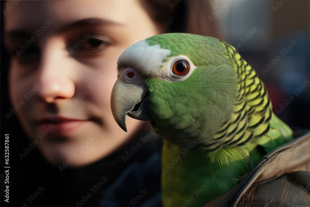 Fototapeta premium Bird - home pet, green parrot at home. Close-up of friendly and cute Monk Parakeet. Green Quaker parrot is sitting on woman shoulder. Generated Ai