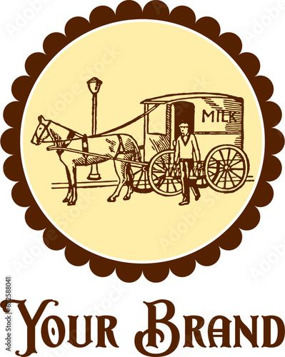 Vintage vector logo for Dairy Business, a milkman and his charming cart 