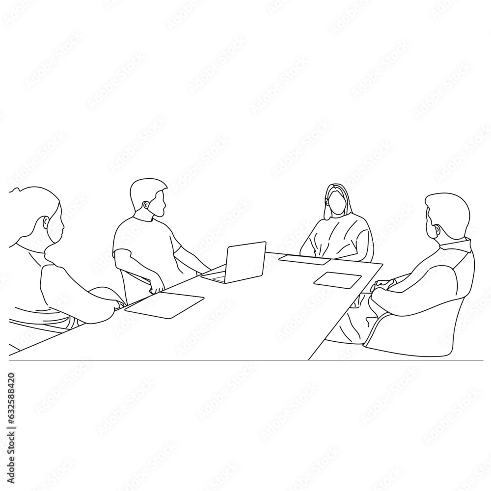 Vector business meeting discussion between worker in cafe round table cartoon Line art. Business training and presentation concept. continuous line drawing of office workers at business meetings Vector business meeting discussion between worker in cafe round table cartoon Line art. Business training and presentation concept. continuous line drawing of office workers at business meetings
