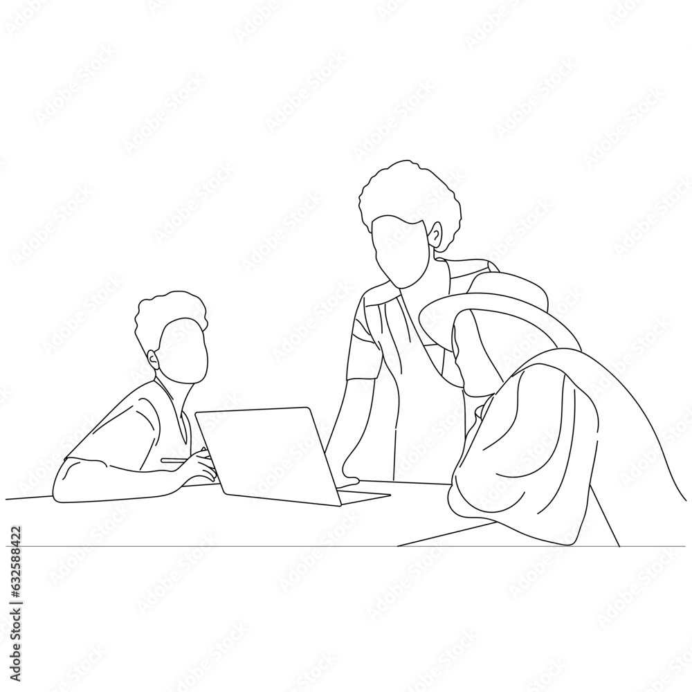 Vector business meeting discussion between worker in cafe round table cartoon Line art. Business training and presentation concept. continuous line drawing of office workers at business meetings Vector business meeting discussion between worker in cafe round table cartoon Line art. Business training and presentation concept. continuous line drawing of office workers at business meetings