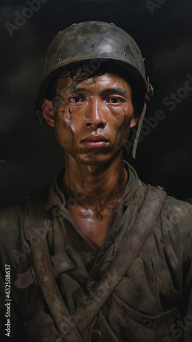 A portrait of an East Asian soldier with battle scars, embodying the strength, resilience, and honor that come from facing adversity in service.