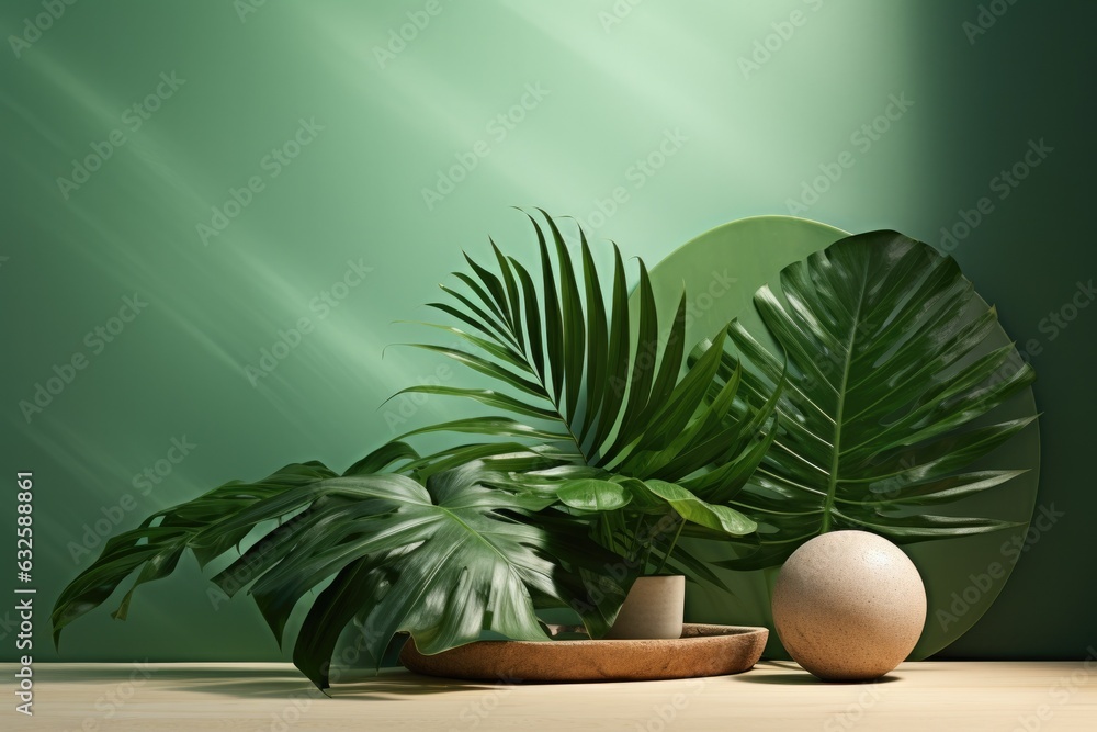Tropical plants in pot on minimal style wall background still life image. Generated by AI technology.